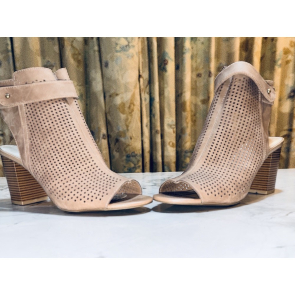 ANA Trout Womens 9M Taupe Peep Toe Slingback Booties Perforated Block Heel
